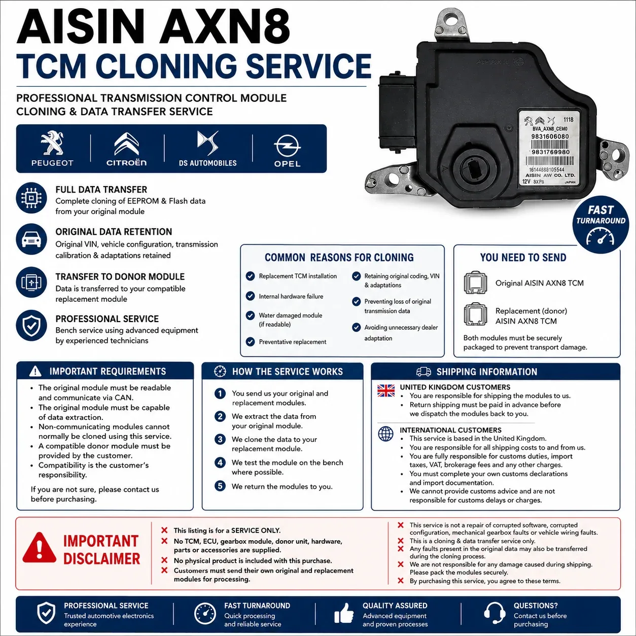 AISIN AXN8 TCM cloning service for Peugeot Citroen DS and Opel vehicles